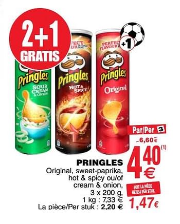 Promoties Pringles original, sweet-paprika, hot + spicy ou-of cream + onion - Pringles - Geldig van 24/04/2018 tot 30/04/2018 bij Cora