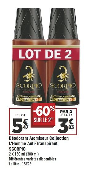 Promotions Déodorant atomiseur collection l`homme anti-transpirant scorpio - Scorpio - Valide de 17/04/2018 à 28/04/2018 chez Géant Casino