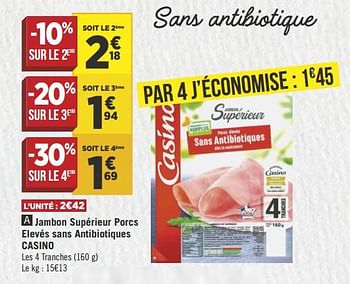 Promotions Jambon supérieur porcs elevés sans antibiotiques casino - Produit Maison - Géant Casino - Valide de 17/04/2018 à 28/04/2018 chez Géant Casino