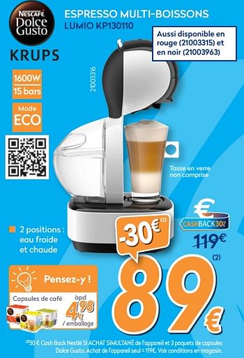 Promotions Krups espresso multi-boissons automatique lumio kp130110 - Krups - Valide de 23/04/2018 à 24/05/2018 chez Krefel