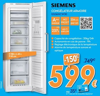 Promoties Siemens congélateur armoire gs36ncw30 - Siemens - Geldig van 23/04/2018 tot 24/05/2018 bij Krefel