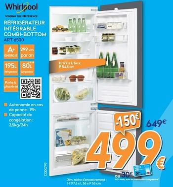 Promotions Whirlpool réfrigérateur intégrable combi-bottom art 6500 - Whirlpool - Valide de 23/04/2018 à 24/05/2018 chez Krefel