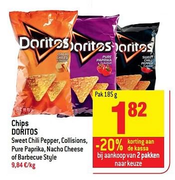 Promoties Chips doritos sweet chili pepper, collisions, pure paprika, nacho cheese of barbecue style - Doritos - Geldig van 25/04/2018 tot 01/05/2018 bij Match
