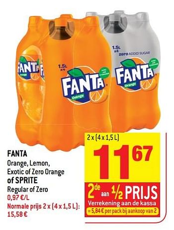 Promoties Fanta orange, lemon, exotic of zero orange of sprite regular of zero - Huismerk - Match - Geldig van 25/04/2018 tot 01/05/2018 bij Match