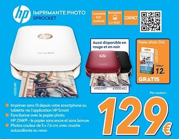 Promotions Hp imprimante photo sprocket - HP - Valide de 23/04/2018 à 24/05/2018 chez Krefel
