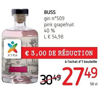 Promotions Buss gin n°509 pink grapefruit 40 % - Buss - Valide de 26/04/2018 à 09/05/2018 chez Spar (Colruytgroup)