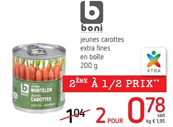 Promoties Jeunes carottes extra fines en boîte - Boni - Geldig van 26/04/2018 tot 09/05/2018 bij Spar (Colruytgroup)