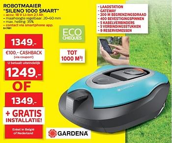 Promoties Gardena robotmaaier sileno r100 smart - Gardena - Geldig van 28/03/2018 tot 30/06/2018 bij Hubo