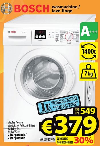 Promoties Bosch wasmachine - lave-linge wae28269fg - Bosch - Geldig van 26/04/2018 tot 04/05/2018 bij ElectroStock