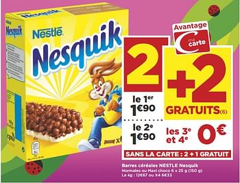 Promotions Barres céréales nestle nesquik normales ou maxi choco - Nestlé - Valide de 17/04/2018 à 29/04/2018 chez Super Casino