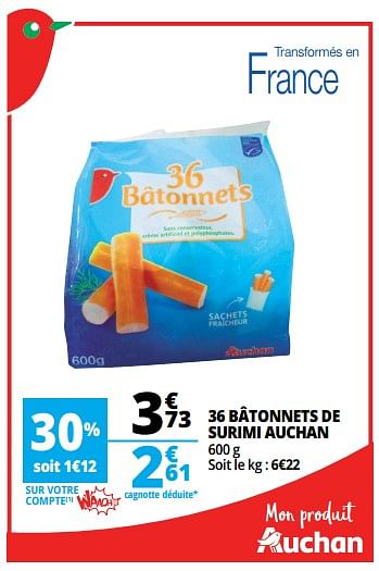Promotions 36 bâtonnets de surimi auchan - Produit Maison - Auchan Ronq - Valide de 25/04/2018 à 30/04/2018 chez Auchan Ronq