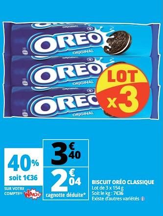Promoties Biscuit oréo classique - Oreo - Geldig van 25/04/2018 tot 30/04/2018 bij Auchan