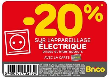 Promotions -20% sur l`appareillage électrique - Produit maison - Brico - Valide de 02/05/2018 à 07/05/2018 chez Brico