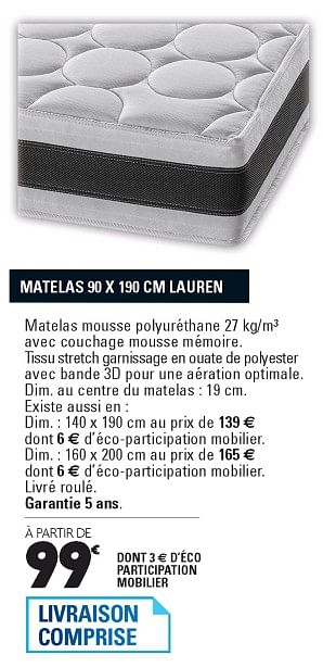 Promotions Matelas lauren - Produit Maison - E.Leclerc - Valide de 06/02/2018 à 31/12/2018 chez E.Leclerc