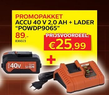 Promoties Promopakket accu 40 v 2,0 ah + lader powdp9065 - Dual Power - Geldig van 28/03/2018 tot 30/06/2018 bij Hubo