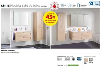 Promoties Linie meubles salle de bains festine suspendu meuble compact avec miroir - Linie - Geldig van 29/04/2018 tot 26/05/2018 bij X2O