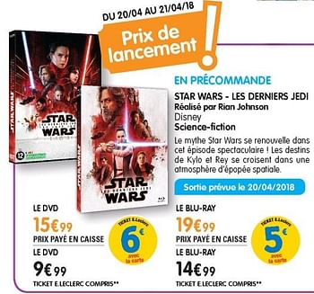 Promotions Star wars - les derniers jedi dvd - Produit Maison - E.Leclerc - Valide de 04/04/2018 à 09/06/2019 chez E.Leclerc