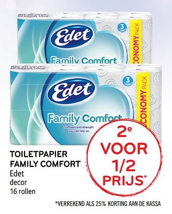 Promoties 2e voor 1-2 prijs toiletpapier family comfort edet decor - Edet - Geldig van 09/05/2018 tot 22/05/2018 bij Alvo