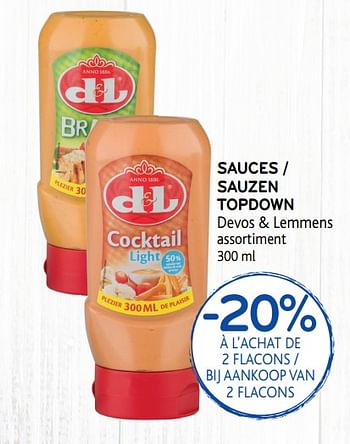 Promotions -20% á l`achat de 2 flacons sauces devos + lemmens - Devos Lemmens - Valide de 09/05/2018 à 22/05/2018 chez Alvo