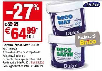 Promotions Peinture deco mat dulux - Dulux - Valide de 09/05/2018 à 28/05/2018 chez Brico