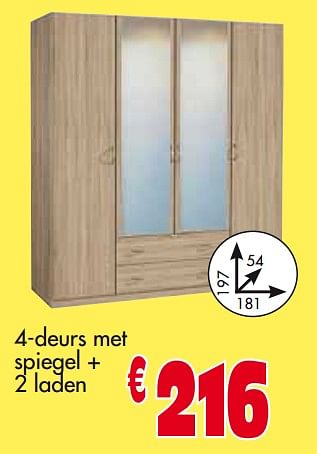 Promoties Kleerkast 4-deurs met spiegel + 2 laden - Huismerk - Budgetmeubelen - Geldig van 01/05/2018 tot 31/05/2018 bij Budget Meubelen
