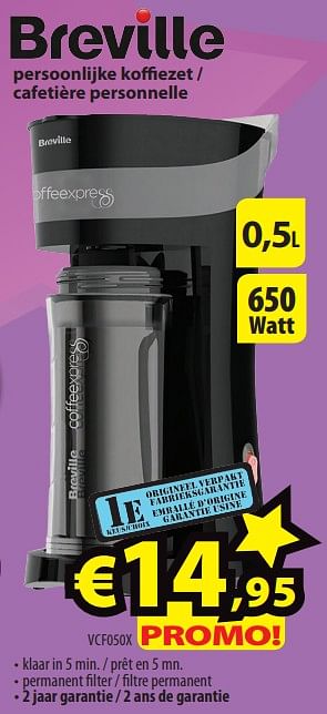 Promoties Breville persoonlijke koffiezet - cafetière personnelle vcf050x - Breville - Geldig van 03/05/2018 tot 11/05/2018 bij ElectroStock