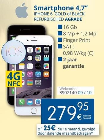 Promotions Apple smartphone 4,7`` iphone 6 gold of black refurbisched agrade - Apple - Valide de 01/05/2018 à 31/05/2018 chez Eldi