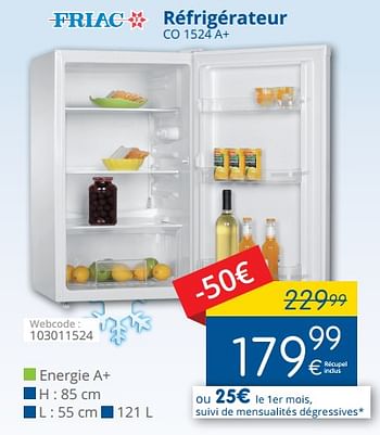 Promotions Friac réfrigérateur co 1524 a+ - Friac - Valide de 01/05/2018 à 31/05/2018 chez Eldi