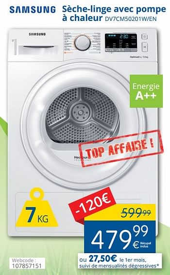 Promoties Samsung sèche-linge avec pompe à chaleur dv7cm50201w-en - Samsung - Geldig van 01/05/2018 tot 31/05/2018 bij Eldi