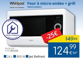 Promoties Whirlpool four à micro-ondes + grill mwa268wh - Whirlpool - Geldig van 01/05/2018 tot 31/05/2018 bij Eldi