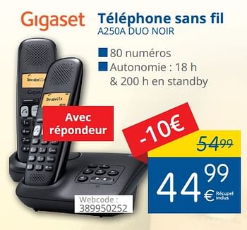 Promoties Gigaset téléphone sans fil a250a duo noir - Gigaset - Geldig van 01/05/2018 tot 31/05/2018 bij Eldi