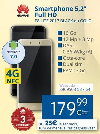 Promotions Huawei smartphone 5,2`` full hd p8 lite 2017 black ou gold - Huawei - Valide de 01/05/2018 à 31/05/2018 chez Eldi