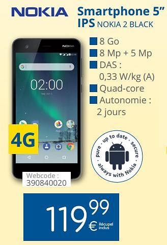 Promotions Nokia smartphone 5`` ips nokia 2 black - Nokia - Valide de 01/05/2018 à 31/05/2018 chez Eldi