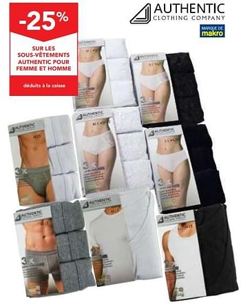 Promoties -25% sur les sous-vêtements authentic pour femme et homme - Authentic Clothing Company - Geldig van 09/05/2018 tot 22/05/2018 bij Makro