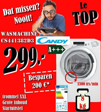 Promoties Candy wasmachine cs441382d3 a+++ - Candy - Geldig van 03/05/2018 tot 31/05/2018 bij Electro Zschau