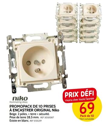 Promotions Promopack de 10 prises à encastrer original niko - Niko - Valide de 09/05/2018 à 28/05/2018 chez BricoPlanit