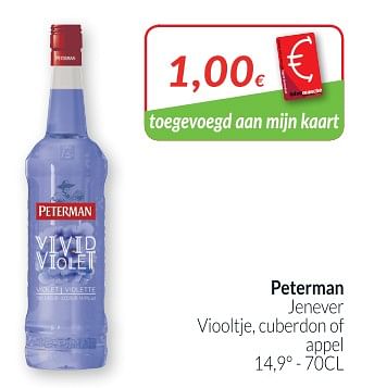 Promotions Peterman jenever viooltje, cuberdon of apple - Peterman - Valide de 01/05/2018 à 31/05/2018 chez Intermarche