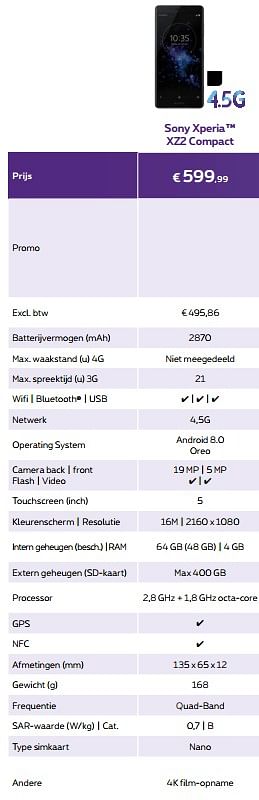 Promotions Sony xperia xz2 compact - Sony - Valide de 30/04/2018 à 01/07/2018 chez Proximus