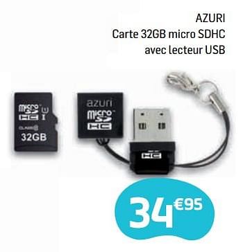 Promoties Azuri carte 32gb micro sdhc avec lecteur usb - Azuri - Geldig van 04/05/2018 tot 14/06/2018 bij Base