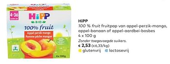 Promotions Hipp 100 % fruit fruitpap van appel-perzik-mango, appel-banaan of appel-aardbei-bosbes - Hipp - Valide de 02/05/2018 à 05/06/2018 chez Bioplanet