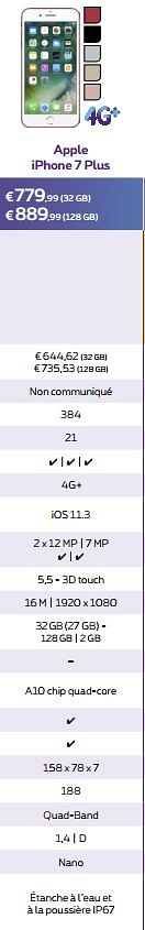 Promotions Apple iphone 7 plus - Apple - Valide de 30/04/2018 à 01/07/2018 chez Proximus