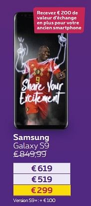 Promotions Samsung galaxy s9 - Samsung - Valide de 30/04/2018 à 01/07/2018 chez Proximus