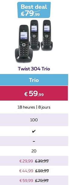 Promotions Twist 304 trio - Huismerk - Proximus - Valide de 30/04/2018 à 01/07/2018 chez Proximus