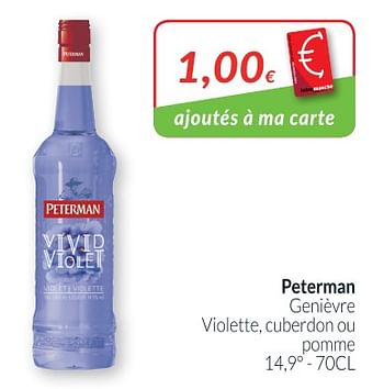 Promotions Peterman genièvre violette, cuberdon ou pomme - Peterman - Valide de 01/05/2018 à 31/05/2018 chez Intermarche