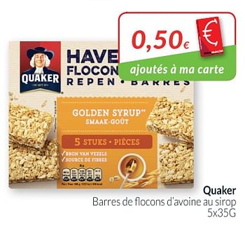 Promoties Quaker barres de flocons d`avoine au sirop - Quaker - Geldig van 01/05/2018 tot 31/05/2018 bij Intermarche