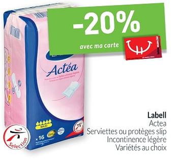 Promotions Labell actea serviettes ou protèges slip incontinence légère - Labell - Valide de 01/05/2018 à 31/05/2018 chez Intermarche