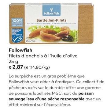 Promotions Followfish filets d`anchois à l`huile d`olive - Followfish - Valide de 02/05/2018 à 05/06/2018 chez Bioplanet