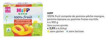 Promotions Hipp 100% fruit compote de pomme-pêche-mangue, pomme-banane ou pomme-fraise-myrtille - Hipp - Valide de 02/05/2018 à 05/06/2018 chez Bioplanet