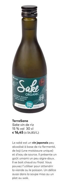 Promotions Terrasana sake vin de riz - Terrasana - Valide de 02/05/2018 à 05/06/2018 chez Bioplanet