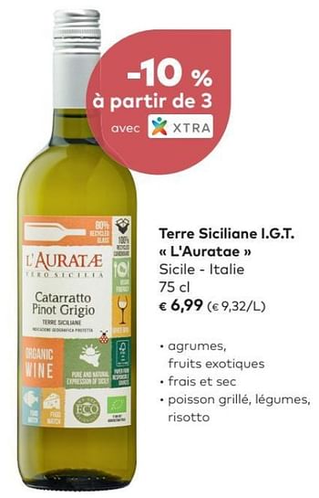 Promotions Terre siciliane i.g.t. « l`auratae » sicile - italie - Vins blancs - Valide de 02/05/2018 à 05/06/2018 chez Bioplanet